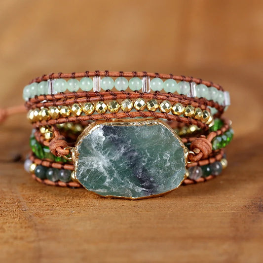 Natural  green Crystal Quartz Charm 5Strands Wrap Bracelets Handmade Boho Bracelet Women Leather Bracelet lovers jewelry gift