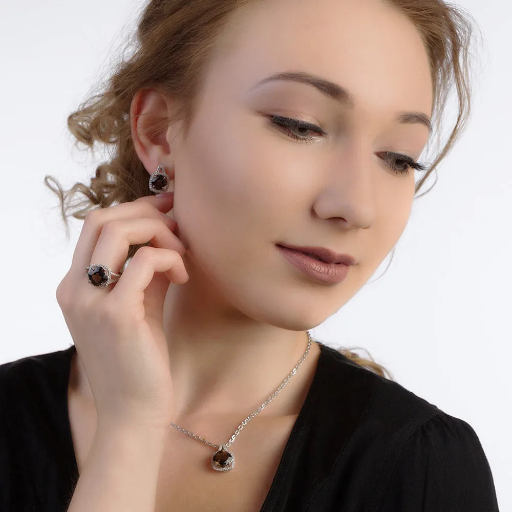 Natural Smoky Quartz Genuine 925 sterling silver Clip Earrings For Women Gift Fashion