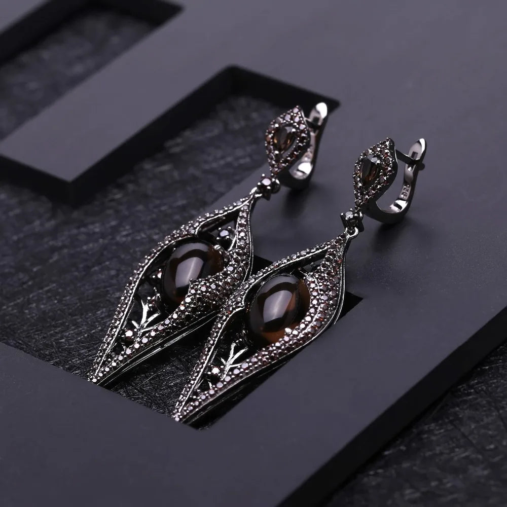 Natural Smoky Quartz Long Earrings 925 Sterling Sliver Vintage Gothic Punk Drop Earrings For Women Party Jewelry