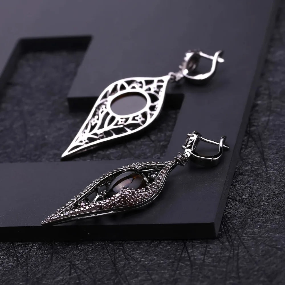 Natural Smoky Quartz Long Earrings 925 Sterling Sliver Vintage Gothic Punk Drop Earrings For Women Party Jewelry