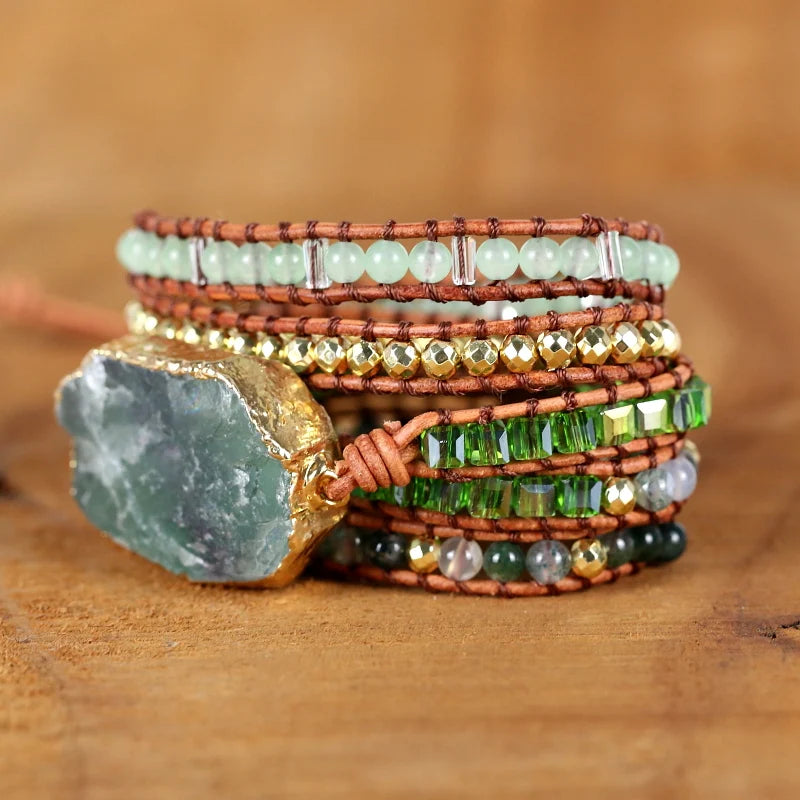 Natural  green Crystal Quartz Charm 5Strands Wrap Bracelets Handmade Boho Bracelet Women Leather Bracelet lovers jewelry gift