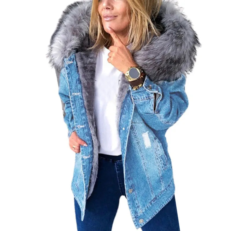 2024 Women Winter Denim Jackets Coat Fashion Plush Collar Warm Retro Fleece Lined Coat Women Chaquetas De Mezclilla Para Mujer