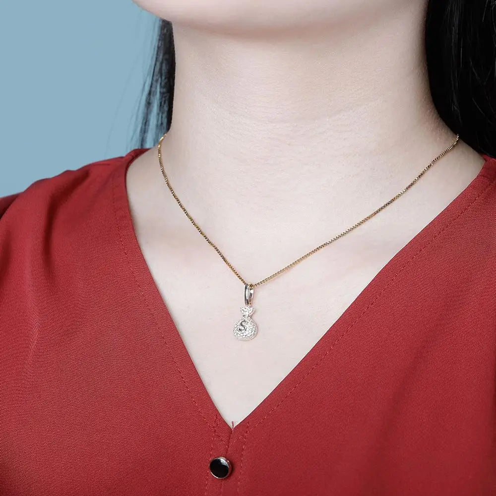 Sterling Silver MONEY BAG Pendant With Box Chain Iced Out Cubic Zirconia Pendant Hip Hop Jewelry Gift For Women
