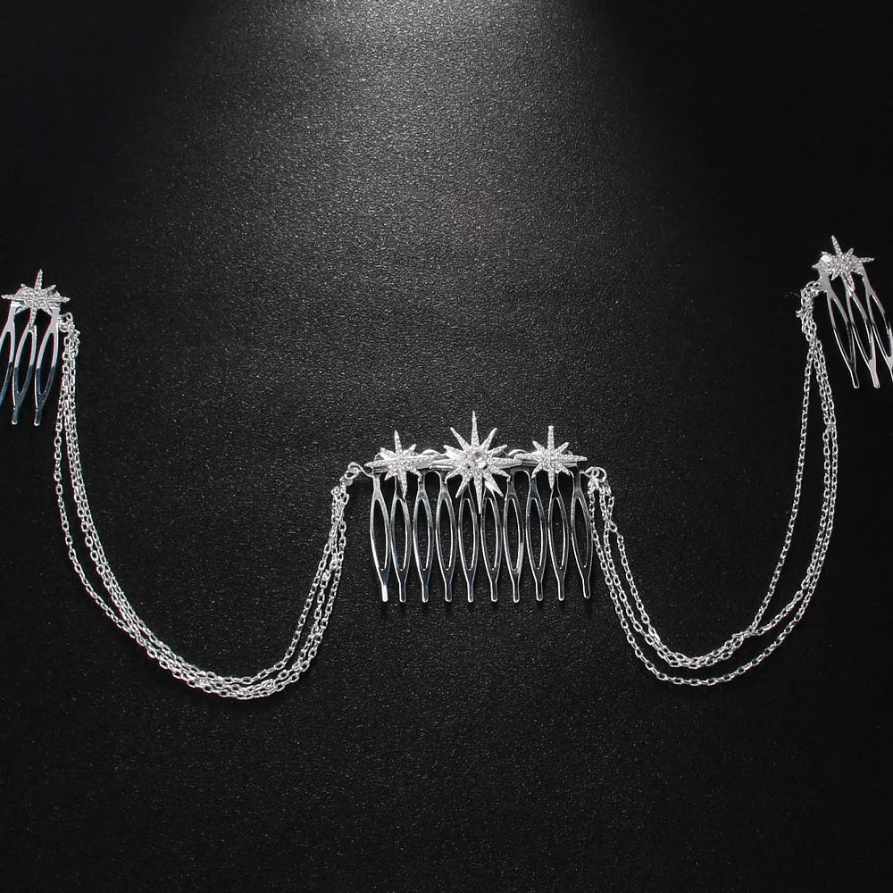 Stonefans Fashion Rhinestone Star Hair Comb Chain Jewelry for Women Bridal Multilayer Thin Chain Tiara Wedding Headpiece Gift