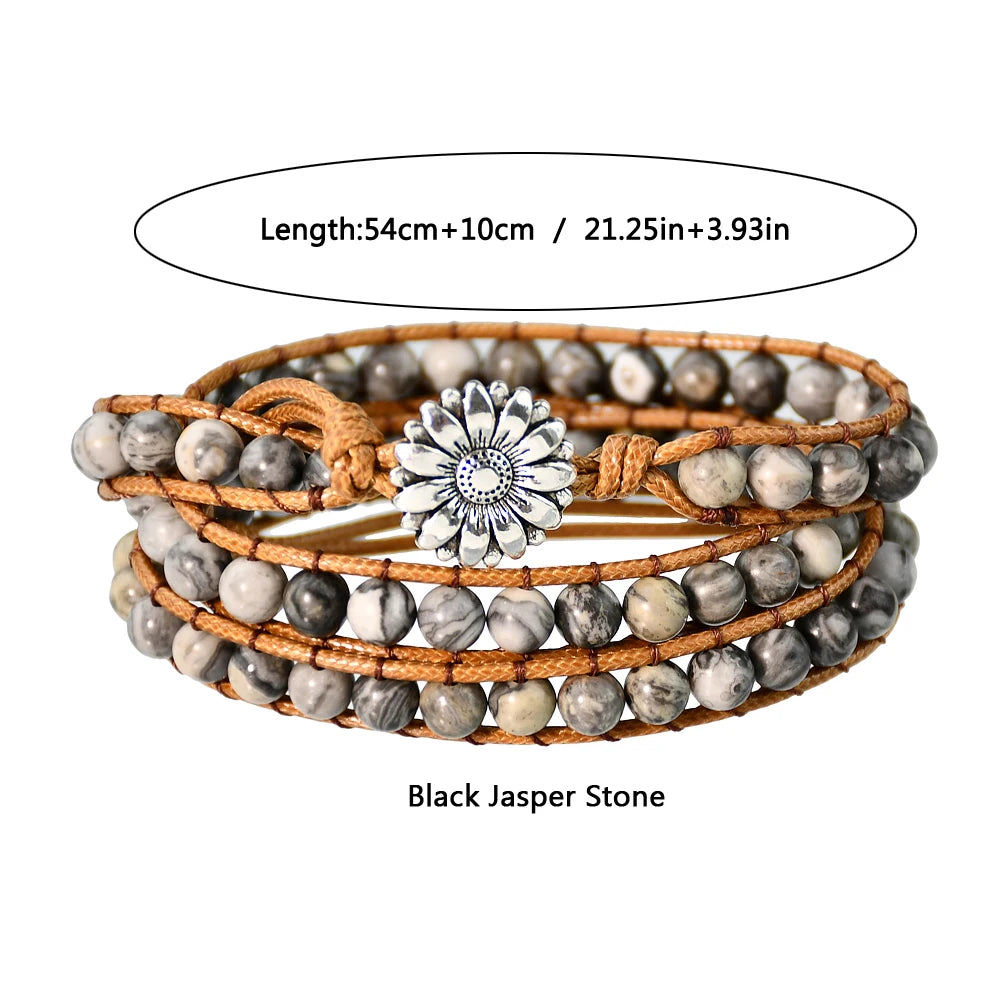 Boho Natural Stone Wrap Bracelet Leather Multilayers Colorful Jasper Agate Beaded Flower Charm Handmade Bracelets