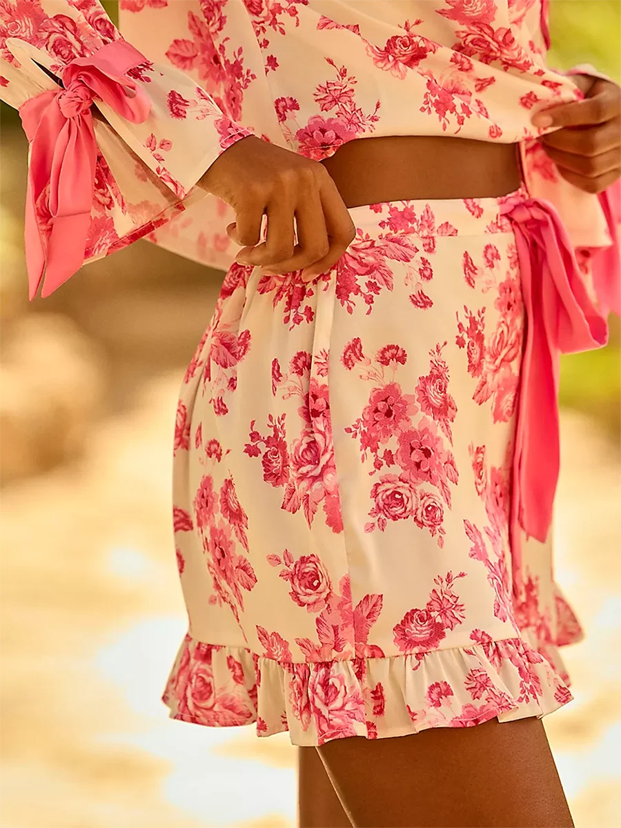 Women s Floral Print Pajama Set Long Sleeve Lapel Button Up Shirt and Shorts Sleepwear Lounge Sets for Summer