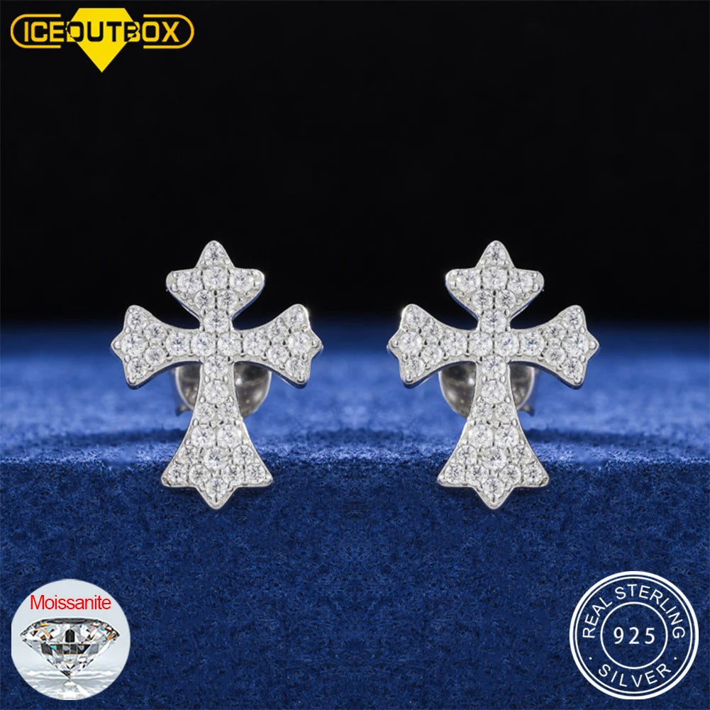 Moissanite Cross Stud Earrings For Women  Jewelry 100% 925 Sterling Silver Sparkling