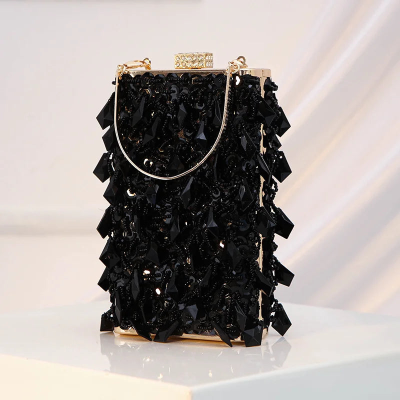 Women's Retro Evening Bags Beaded Embroidered Ladies Clutch Purse Vertical Square Box Shoulder Chain Wedding Party Handbags Bags