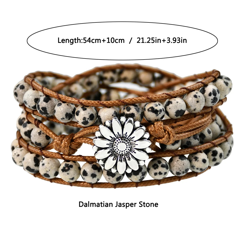 Boho Natural Stone Wrap Bracelet Leather Multilayers Colorful Jasper Agate Beaded Flower Charm Handmade Bracelets