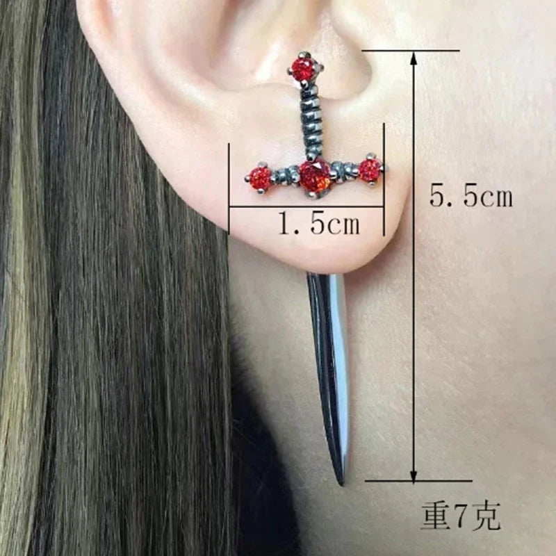 Jewelry Sword  Initial Piercing Earrings for Women Crystal Ear Jacket Dagger Stud Earrings Jewelry