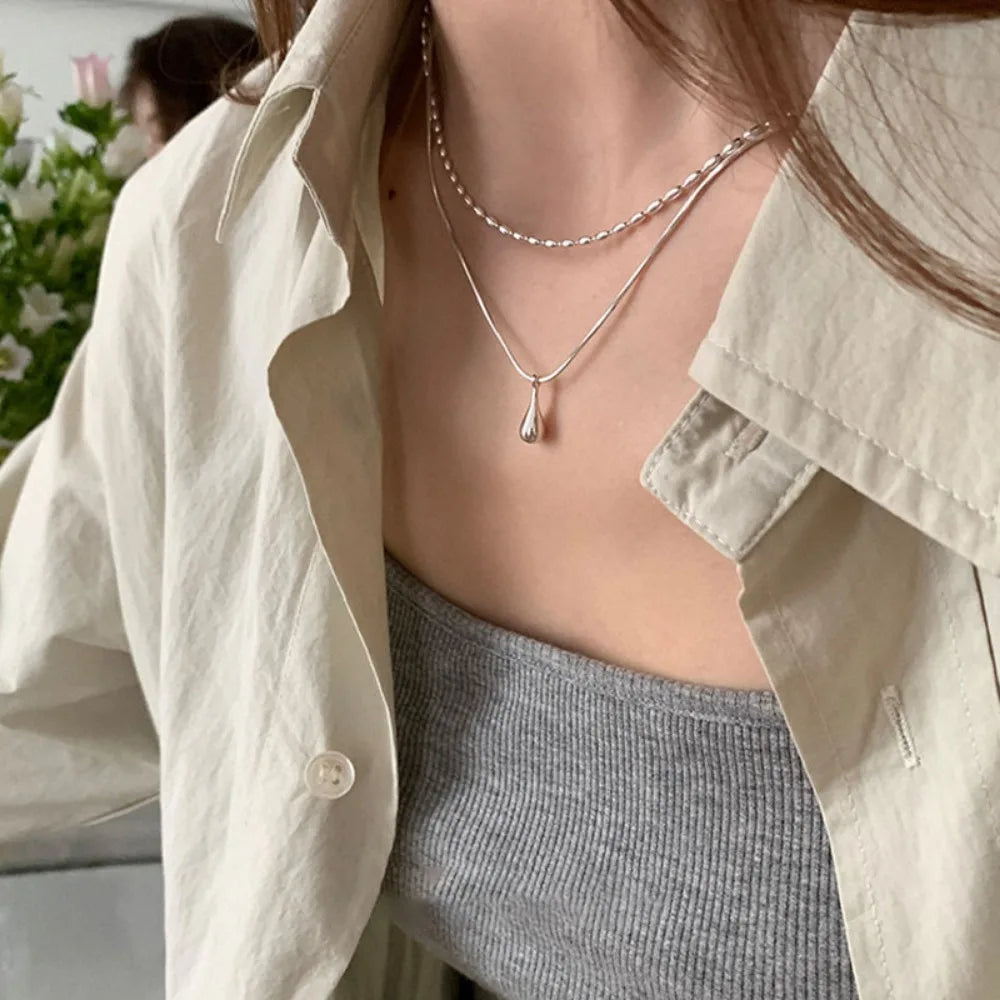 Minimalist Double Necklace Water Drop Pendant Collarbone Chain for Women