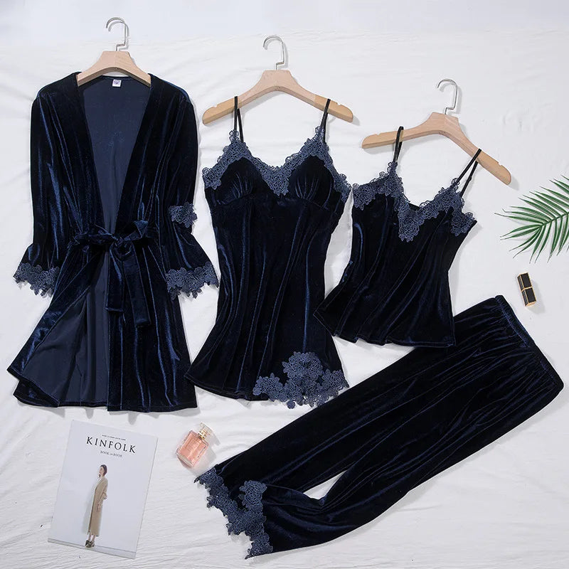 TOP Casual Velour Home Clothing 4pcs Sleep Set Intimate Lingerie Women Pajamas Suit Long Sleeve Lace Velvet Homewear Pyjamas set