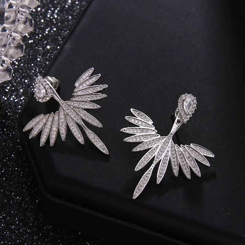 Fashion Luxury Feather Crystal Wing Symmetrical Stud Earrings Exquisite Silver Color Jewelry Accessories for Women
