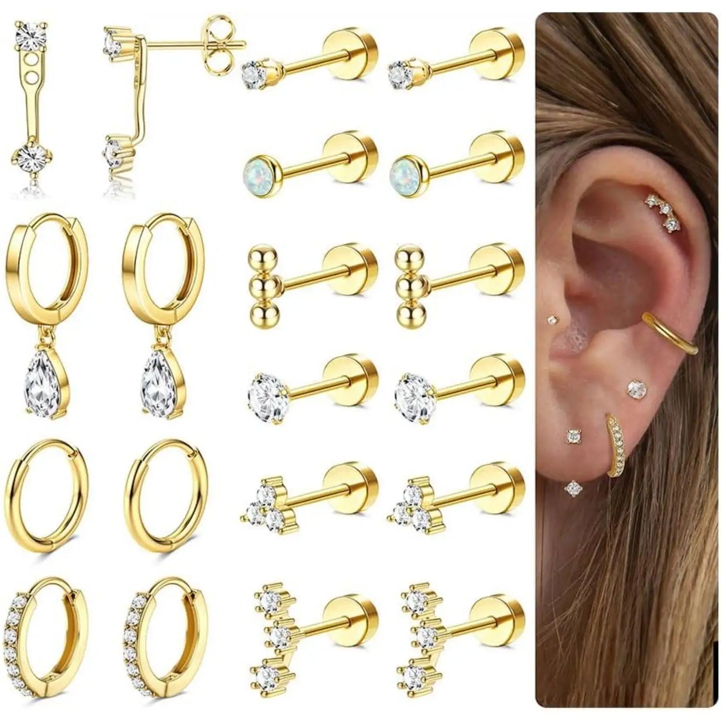 10Pairs Flat Back Earrings Cartilage Set for Multiple Piercing Surgical Steel Earrings for Women Trendy Earring Stacks Flatback