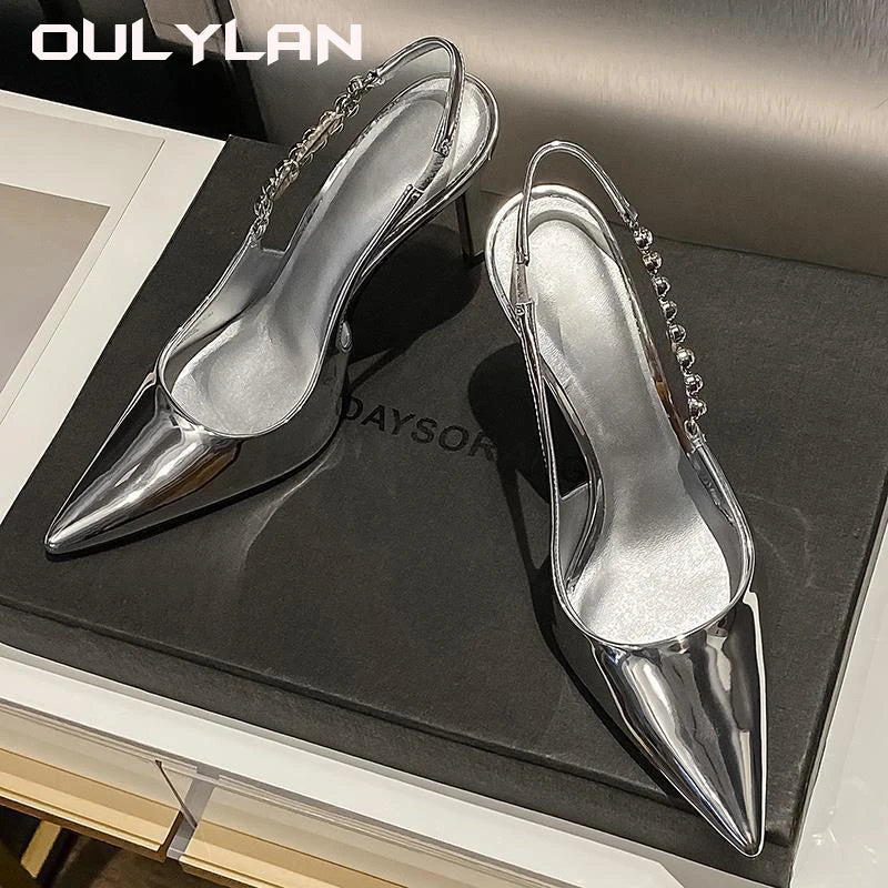 Pumps Metallic Crystal Sandals Shiny High Heels Slingback Silver Women Pointy Toe Stiletto Heeled Shoes Party Dress Shoes