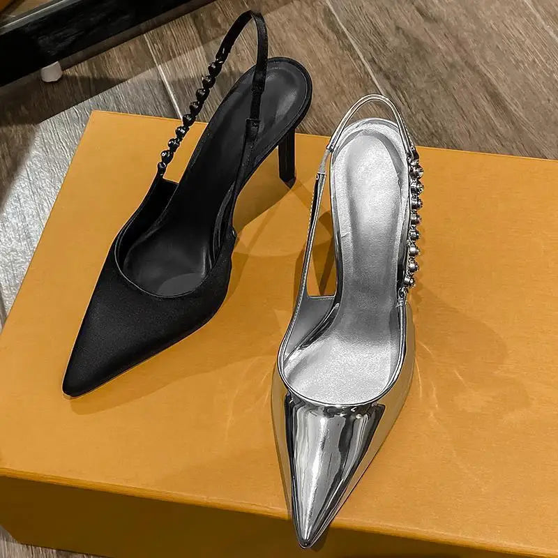 Pumps Metallic Crystal Sandals Shiny High Heels Slingback Silver Women Pointy Toe Stiletto Heeled Shoes Party Dress Shoes