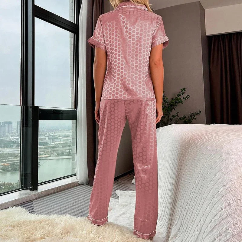 Women's Satin Pajama 2 Piece Outfits Lapel Button Sleepwear Home Clothes Suit Autumn Short Sleeve Pyjama Pijama Femme Loungewear