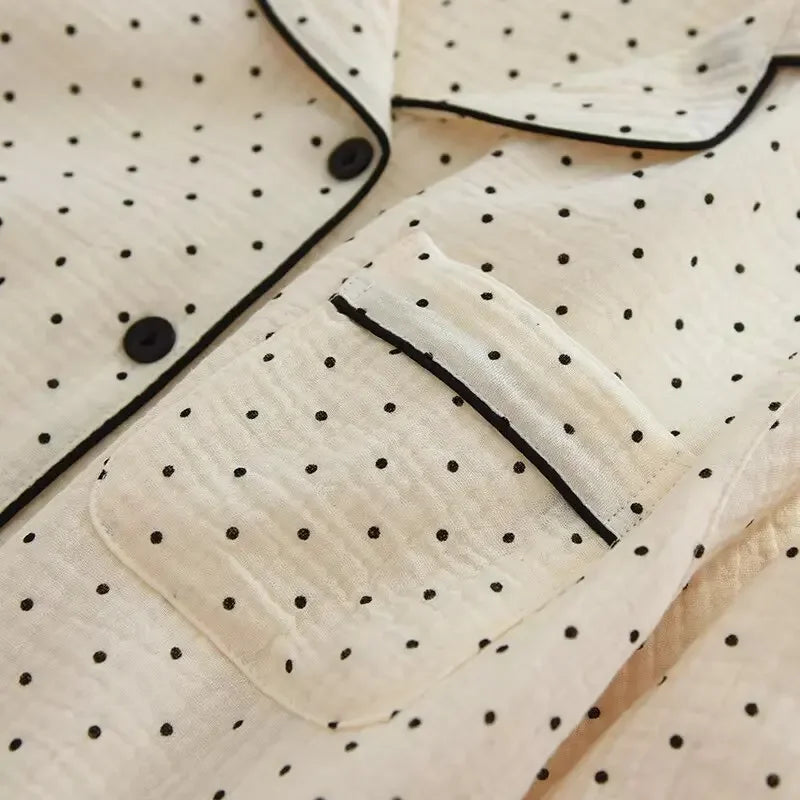 2025 Spring and Autumn New Women's Pajama Set 100%cotton crepe long-sleeved trousers two-piece polka dot cute home wear thin set