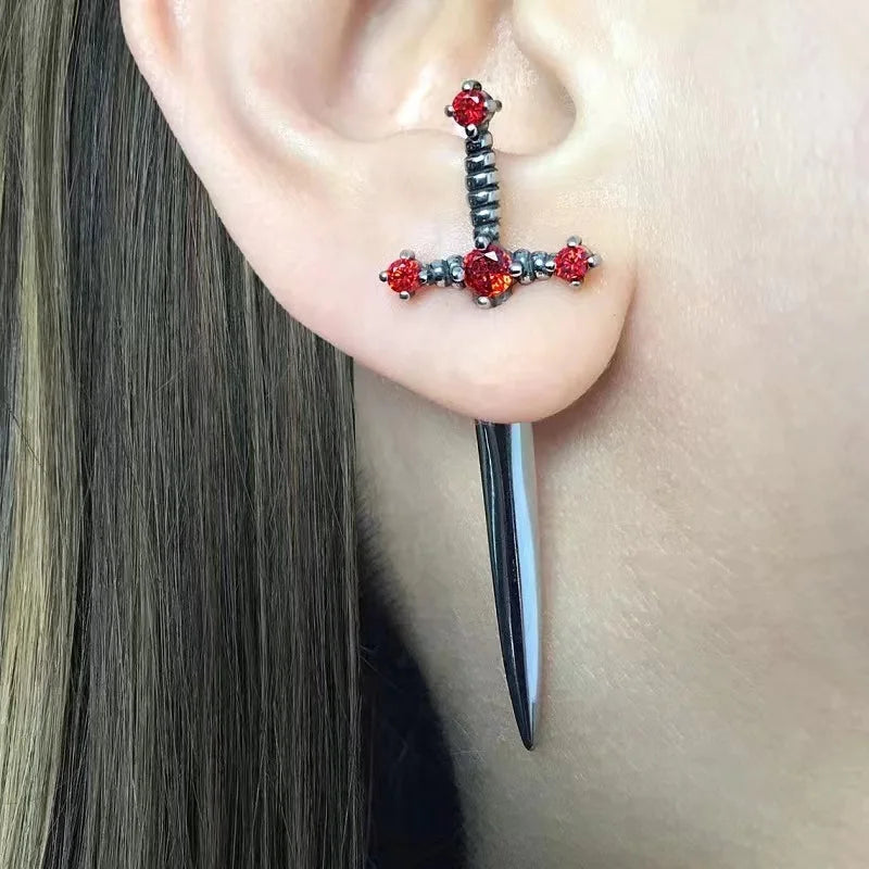 Jewelry Sword  Initial Piercing Earrings for Women Crystal Ear Jacket Dagger Stud Earrings Jewelry