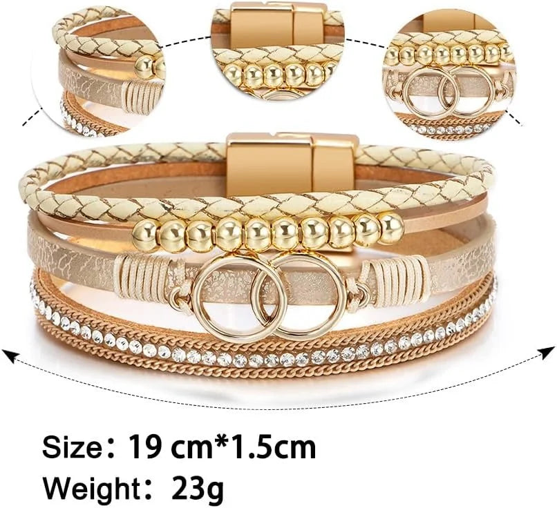 Fesciory Leopard Bracelet for Women, Boho Leather Wrap Multi-Layer Pearl Crystal Bracelet Bangle Jewelry