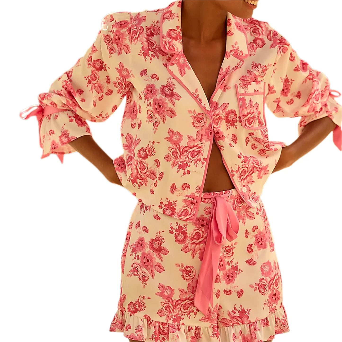 Women s Floral Print Pajama Set Long Sleeve Lapel Button Up Shirt and Shorts Sleepwear Lounge Sets for Summer