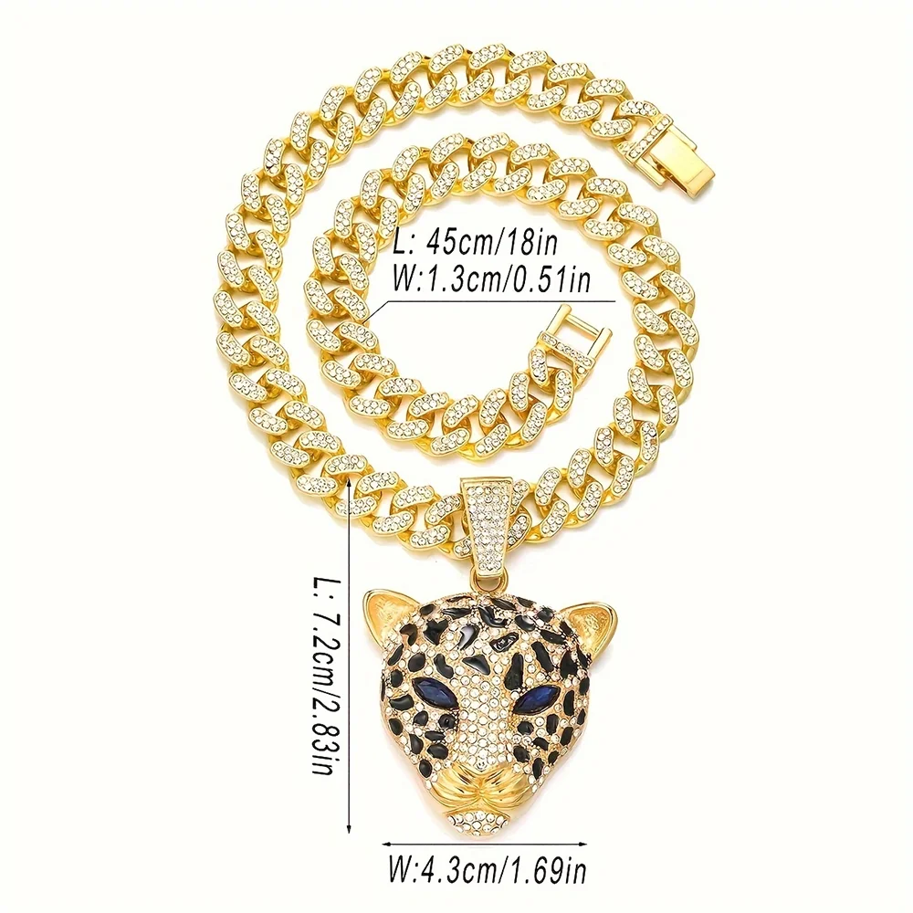 Leopard Necklace Zinc Alloy Diamond Leopard Head Pendant  Luxury Cuban Chain Hip Hop