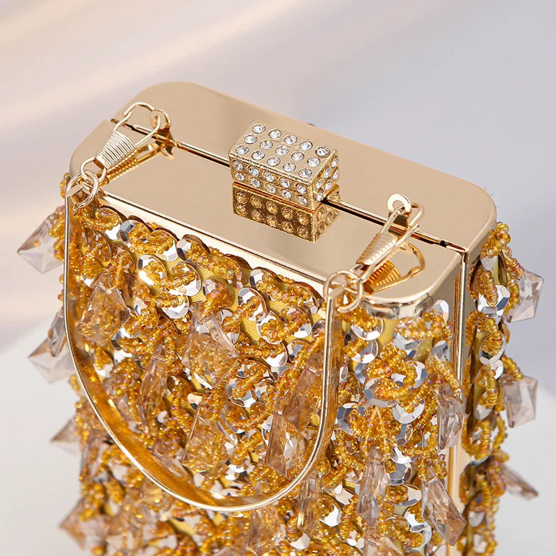 Women's Retro Evening Bags Beaded Embroidered Ladies Clutch Purse Vertical Square Box Shoulder Chain Wedding Party Handbags Bags