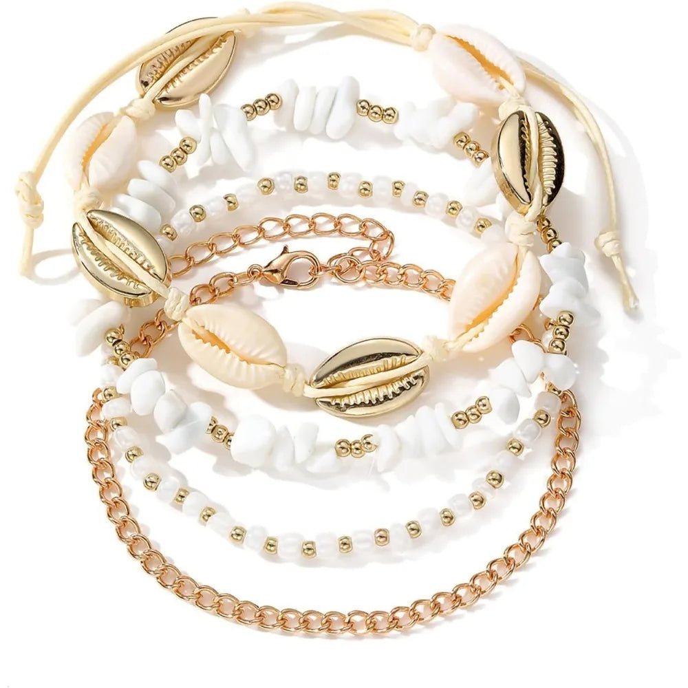 Shell Ankle Bracelet Set for Women, Gold Boho Bead Adjustable Anklet, Hawaiian Beach Seashell Pearl Heart Starfish Conch Foot
