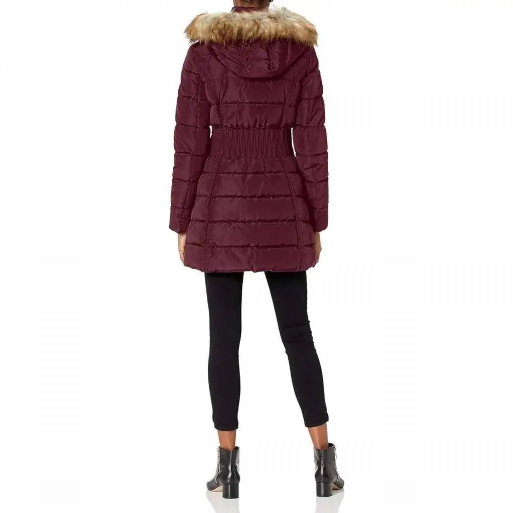 Laundry by Shelli Segal | 3/4 Puffer Zig Zag Cinched Waist Faux Fur Trim Hood Jacket In Port Royal