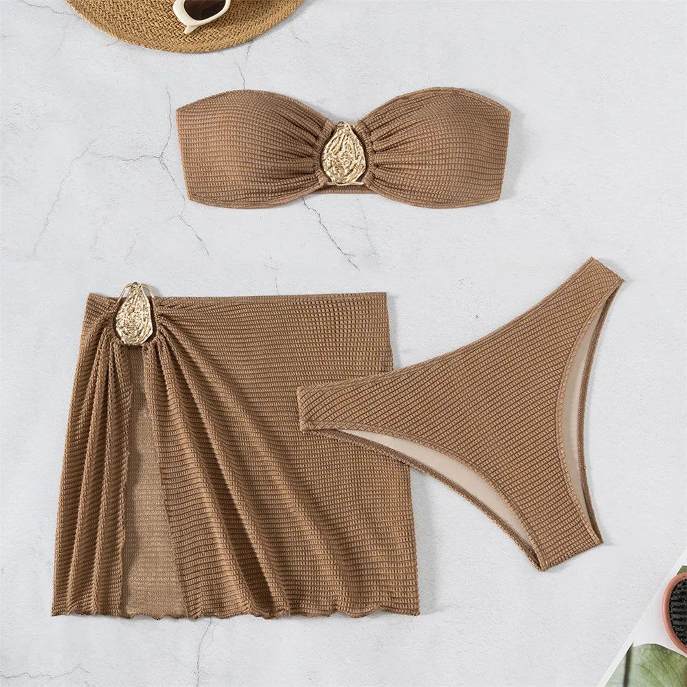 Brown Solid Swimwears Strapless Bandeau Bikinis Sets 3 Pieces Cover Up Sexy Swimsuit Woman 2025 Metal Buckled Bikini Beachwear