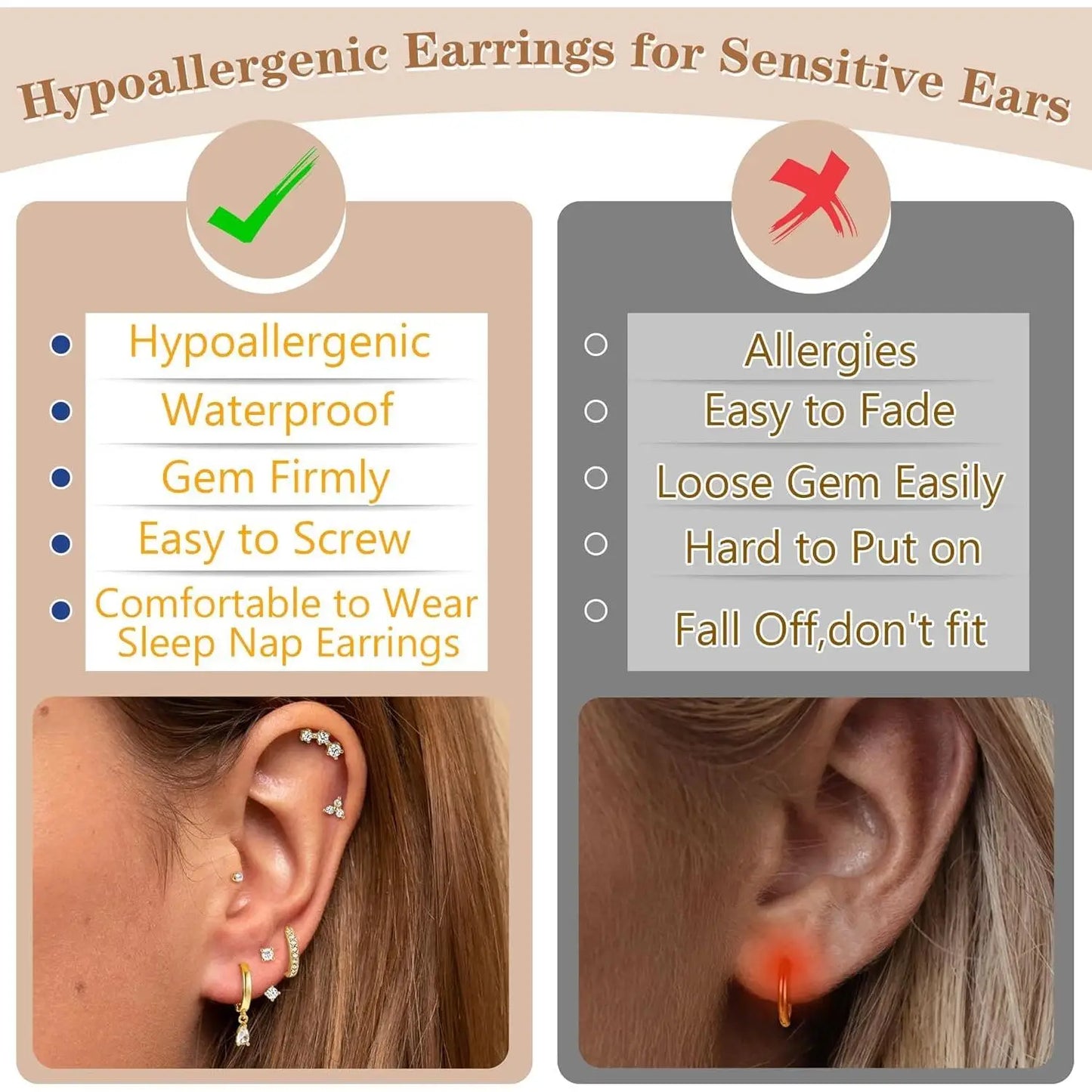 10Pairs Flat Back Earrings Cartilage Set for Multiple Piercing Surgical Steel Earrings for Women Trendy Earring Stacks Flatback