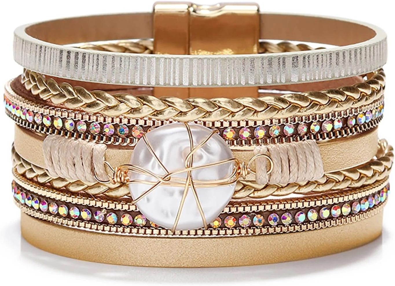 Fesciory Leopard Bracelet for Women, Boho Leather Wrap Multi-Layer Pearl Crystal Bracelet Bangle Jewelry