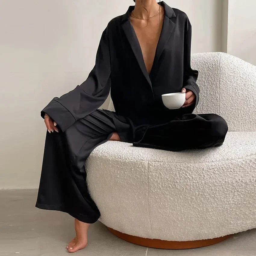 Satin Silk Sleepwear Low Cut Sexy Pajamas For Women Single-Breasted Long Sleeves Wide Leg Pants Trouser Suits Oversized