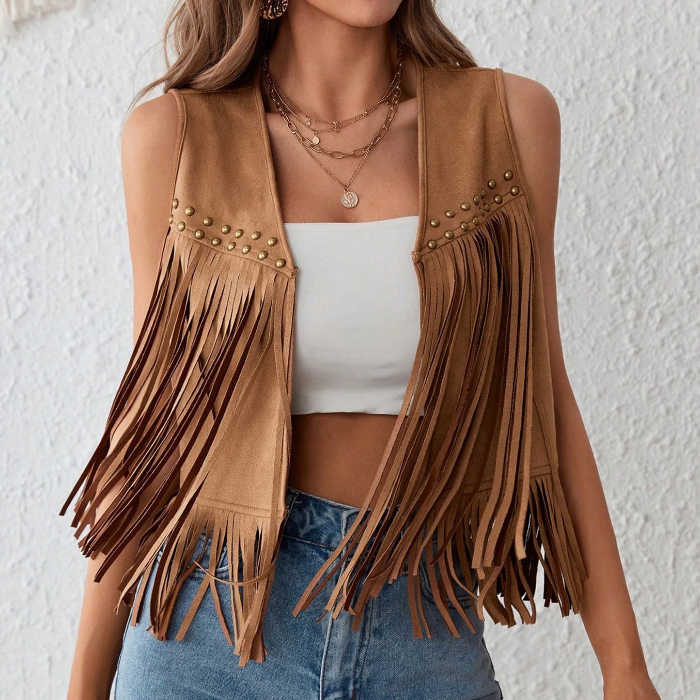 Vintage Fringe Suede Jacket 70s Boho Hippie Outfit Sleeveless Open Front Vest Western Cowgirl Coat Retro Fashion Trend