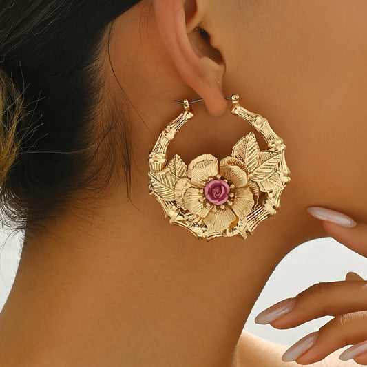 Luxury Gold-Toned Pure Iron Floral Hoop, 5.5Cm, Handmade Boho Leaf & Pink, Hypoallergenic, Daily & Party
