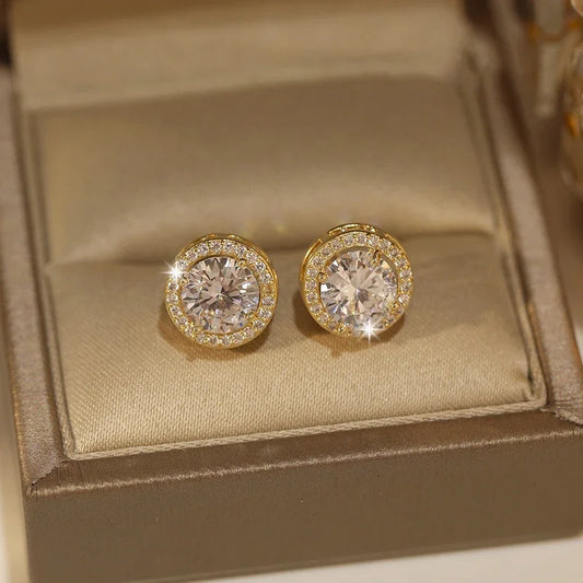 Luxury Crystal White Zircon Stud Earrings Simple Yellow Gold Color Round Vintage Wedding Jewelry For Women