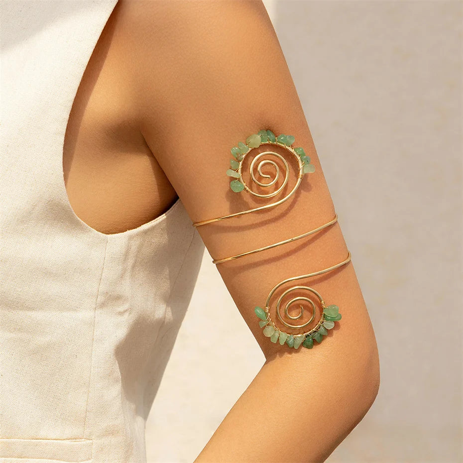 12 Colors Bohemian Stone Upper Armband Cuff Open Bangles for Women Tassel Long Chain Pendant Arm Body Bracelet Jewelry