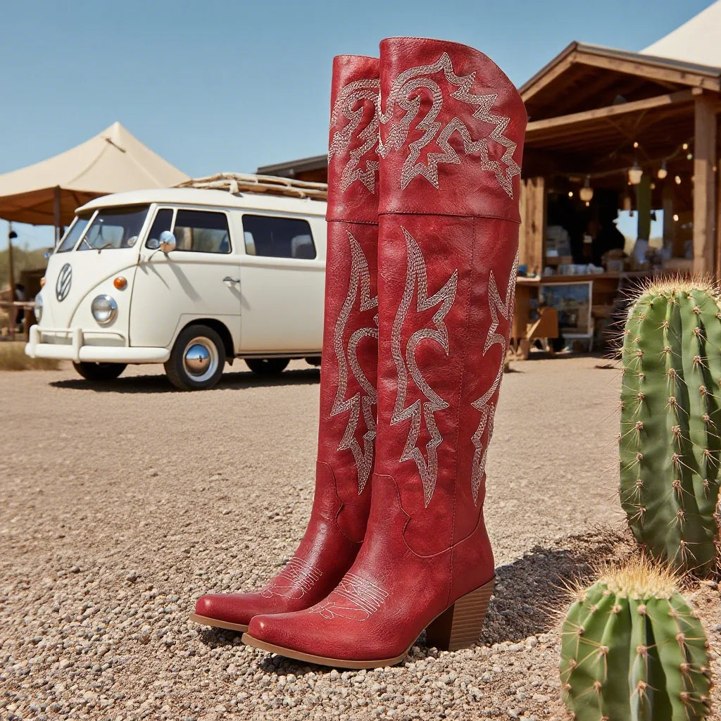 Women Over The Knee Western Boots Cowboy Chunky High Heel Square Toe Side Zipper Shoes Vintage Leisure Dressy Cowgirl Boots US