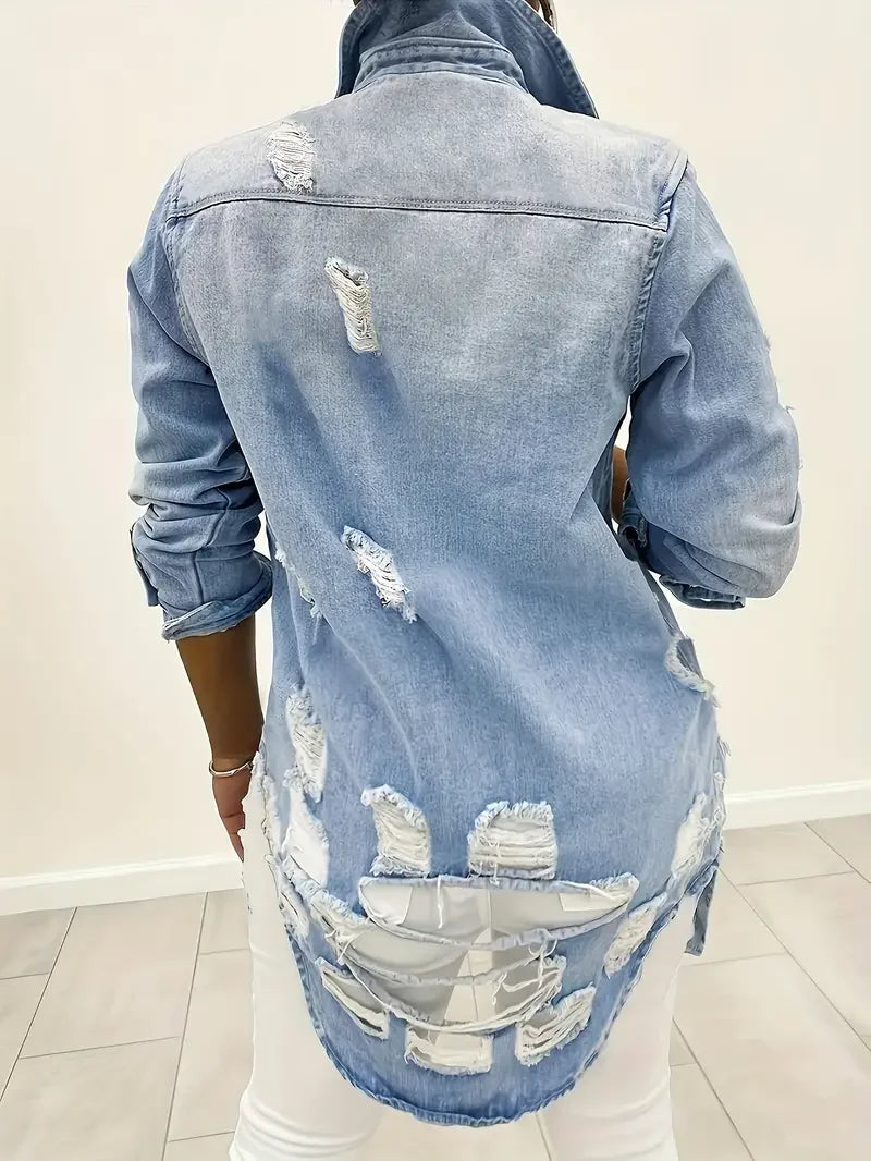 Women Solid Color Stylish Button-down Denim Shirt Ripped Pocket Long-sleeved Denim Jacket