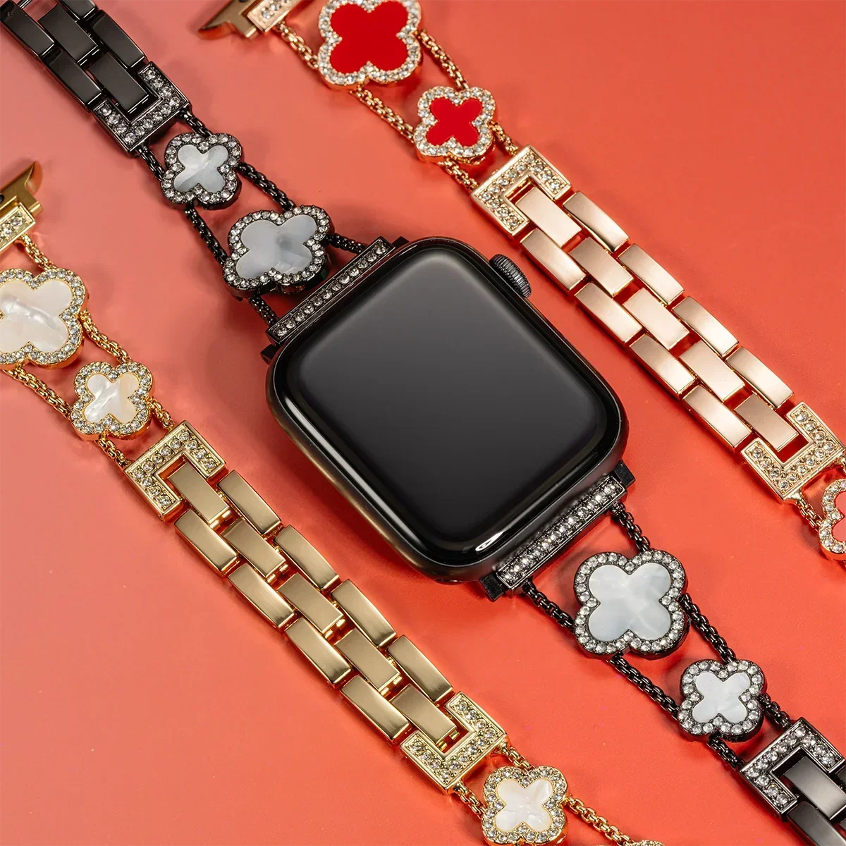 Diamond Four-leaf Clover Metal Strap for Apple Watch Ultra2 49mm 46mm 44/42/41/40/38mm Band for Iwatch Series10 987SE6 Bracelets