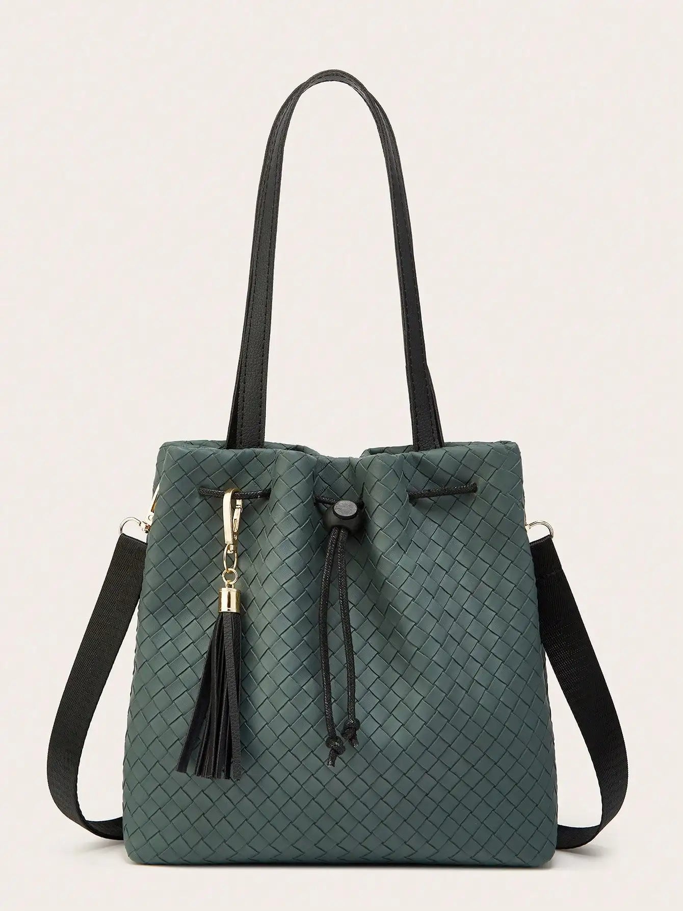 2025 New, Woven Handbag, PU Material, with Tassel Accessories, Fashion Bucket Bag, Women's Shoulder Bag, Ideal for Daily Use and