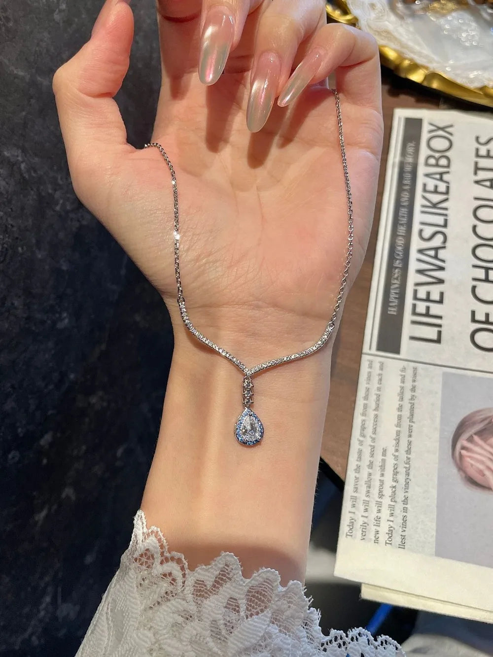 Mermaid Water Drop Aquamarine Necklace Women's Light Luxury Niche Design Pendant Accessories Collarbone Chain Tassel Lady