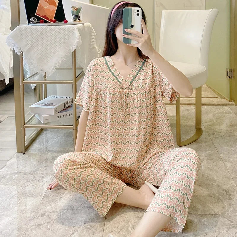 Spring Summer Pajamas Women Short Sleeve Pants Suit Cotton Rayon V-Neck Korean Home Wear Set Large Size Ladies Sleepwear