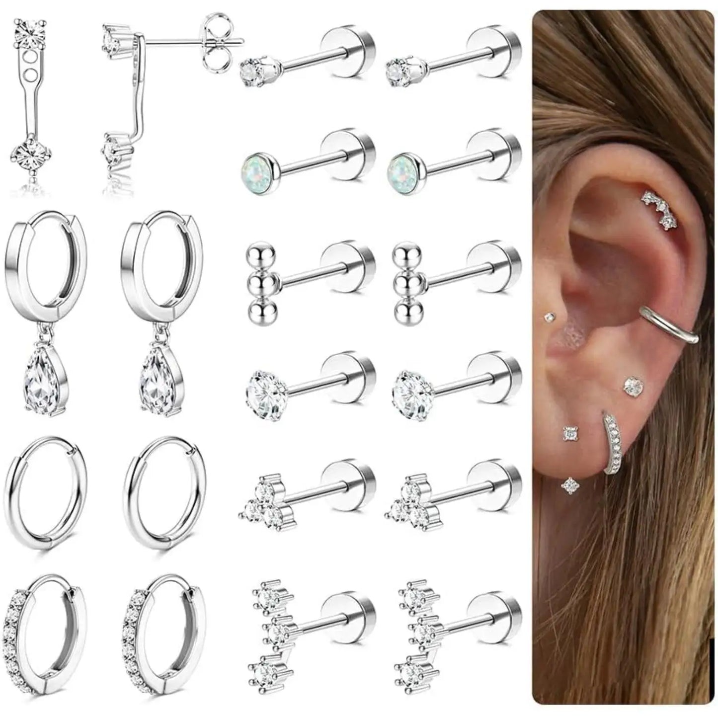 10Pairs Flat Back Earrings Cartilage Set for Multiple Piercing Surgical Steel Earrings for Women Trendy Earring Stacks Flatback