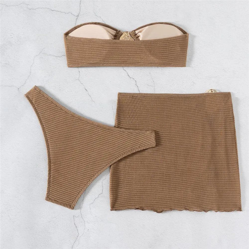 Brown Solid Swimwears Strapless Bandeau Bikinis Sets 3 Pieces Cover Up Sexy Swimsuit Woman 2025 Metal Buckled Bikini Beachwear