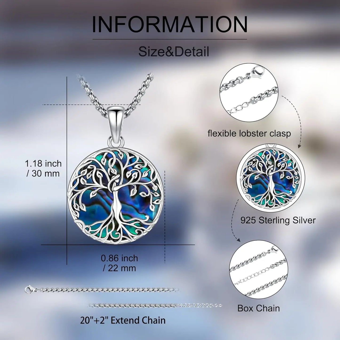 Tree of Life Necklace 925 Sterling Silver Tree of Life Abalone Shell Jewelry Gifts for Women  Birthday Christmas Holiday