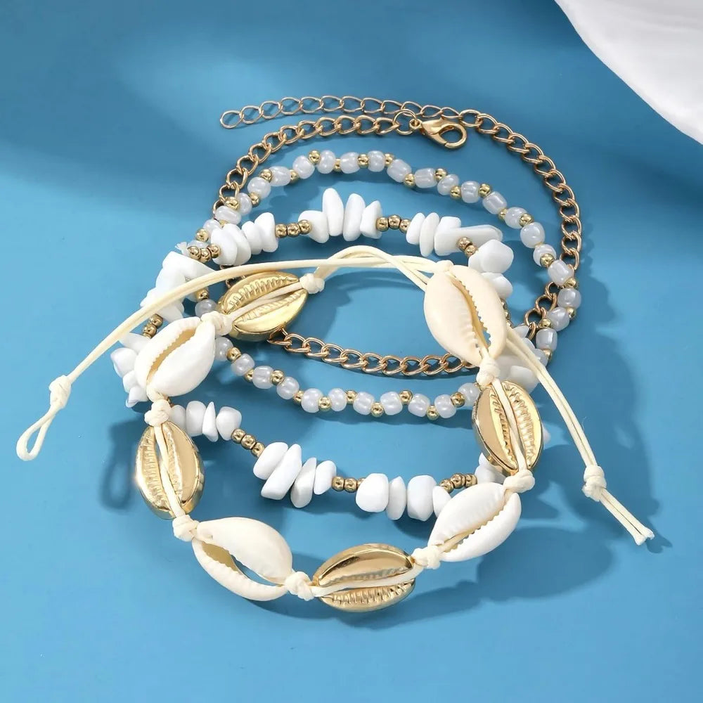 Shell Ankle Bracelet Set for Women, Gold Boho Bead Adjustable Anklet, Hawaiian Beach Seashell Pearl Heart Starfish Conch Foot