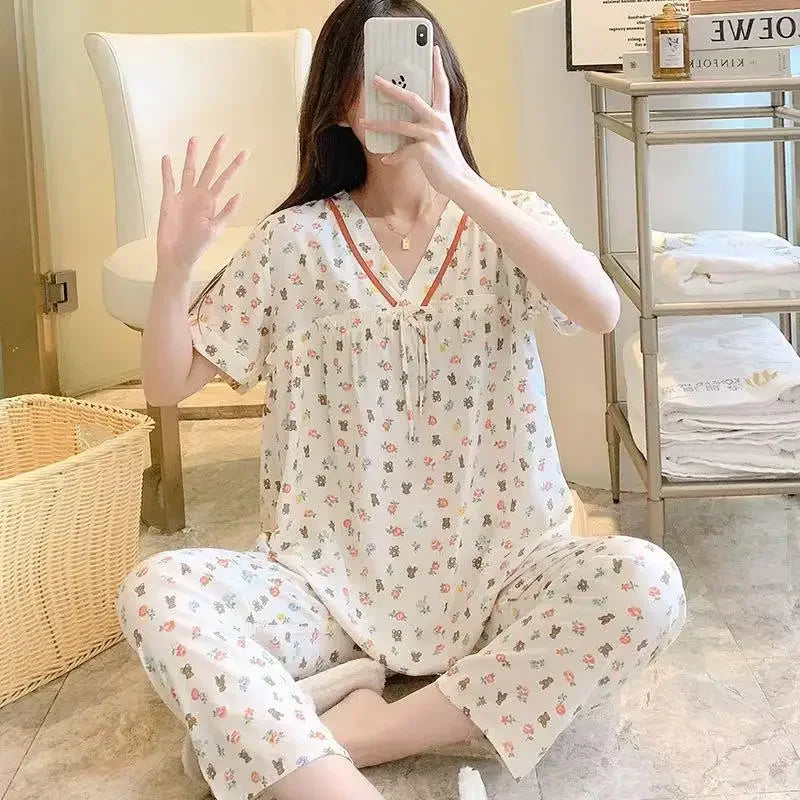 Spring Summer Pajamas Women Short Sleeve Pants Suit Cotton Rayon V-Neck Korean Home Wear Set Large Size Ladies Sleepwear