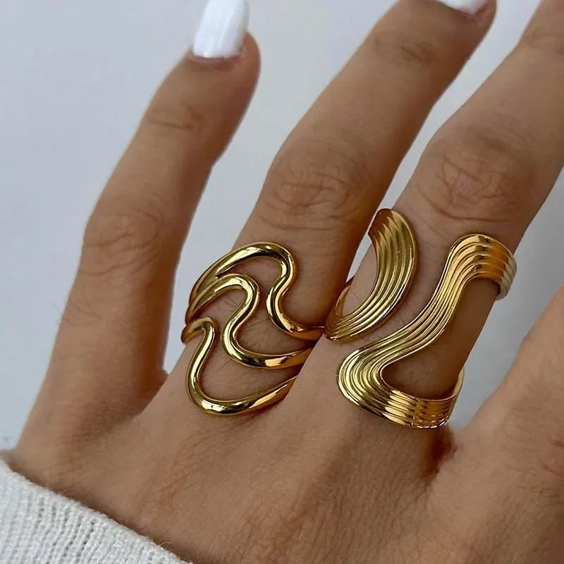 Stainless Steel Irregular Wave Rings for Women Creative Gold Color Adjustable Opening Rings Female Statement Jewelry Gifts
