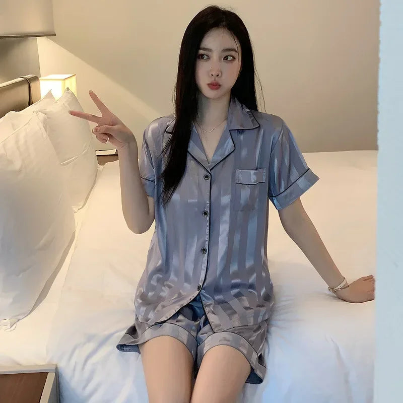 2Pcs/set Ice Silk Women's Pajamas Short Sleeve Short Pants Simulation Silk Home Clothing Solid Color Striped Student Pajamas S L